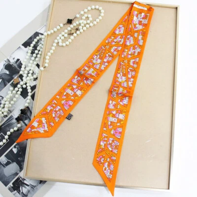 Sallys 100% Twill Silk Scarf Ribbon Building Print Slim Headband Neck Tie 33*2" - Image 1 of 4