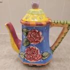 Whimsical & Colorful Hand-Painted Floral  Teapot with Lavender Flower Top