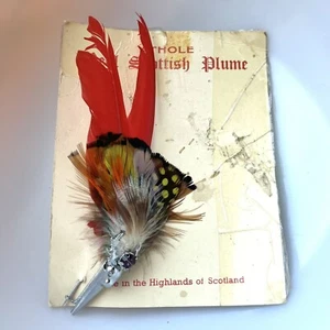 Pluma escocesa real Athole con cabeza de ciervo, piedra púrpura en tarjeta original de colección - Imagen 1 de 5