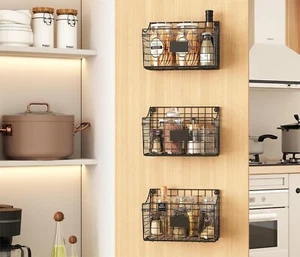 3PK Wall Mounted Bin Basket with 5 Hooks Cabinet Hang - Picture 1 of 7