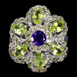 Estate 925 Anello Argento Ovale Peridoto Ametista Zaffiro Gemma Gioielli Misura - Foto 1 di 14