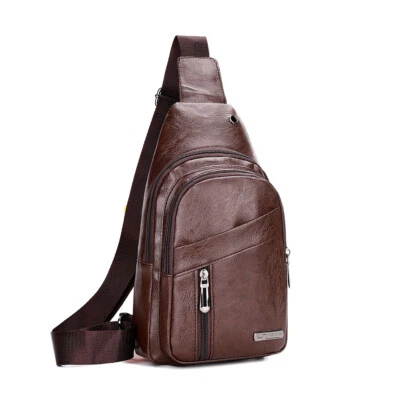 Leather Shoulder Bag for Men Strap Chest Bag Large Capacity Travel Bag Wallet US - Image 1 of 4