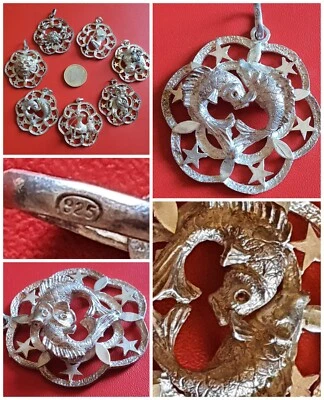 Pendente PESCI ♓️ SEGNO ZODIACALE ciondolo OROSCOPO vintage 70 Italy ARGENTO 925 - Immagine 1 di 4