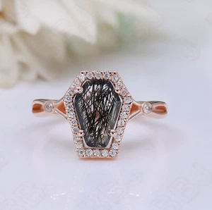 Anillo de compromiso Art Deco enchapado en oro rosa de 14 quilates con rutilo negro ataúd - Imagen 1 de 7