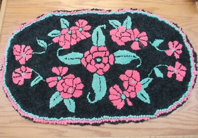 Vintage 1930s Handmade Oval Rug pink Flowers on Black 41" x 25" - Image 1 of 4