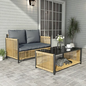 New Comming Outdoor PE Brown Wicker 2seats Sofa with Grey Cushion and Table Set - Picture 1 of 11