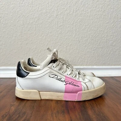 DOLCE & GABBANA Portofino Low Top Sneakers Women EU 37 US 7 White / Pink Leather - Image 1 of 4