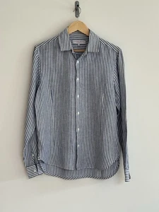 Olrebar Brown Long Sleeve Shirt 100% Linen White Blue Pin Striped M/Tailored - Picture 1 of 13