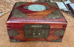 Vintage Chinese Jewelry Box Wood With Brass & Carved Jade Inlay , Shanghai China - Picture 1 of 17