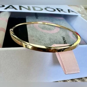Pandora Signature 14k Solid Gold I-D Bangle Bracelet 552227C00 Size 2 (6.9 Inch) - Picture 1 of 10