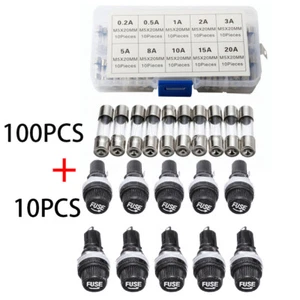 100PCS 5x20mm Glass Tube Fuse Kit & 10PCS Fuse Holder Panel Mounted Screw Cap - Picture 1 of 7