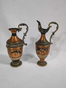 Vintage Handmade in Greece Hand painted Deer Cooper Small Vase Pitcher Set - Picture 1 of 20