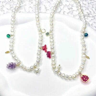 Freshwater Pearl Fruits Pendants Beads Necklace Purple Grape Chili Choker - Image 1 of 4