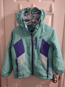 Girls Medium 7/8 Hooded Snow Coat Full Double Zip Blue Aqua Winter Ski Jacket - Picture 1 of 12