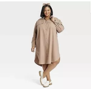 Ava & Viv Women's Long Sleeve Tan Front Button Shirt Dress Sz: XXL NWT $32 - Picture 1 of 5