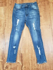 BLUE REPUBLIC Jeans Women 11 Blue Stretch Mid Rise Straight Distress Raw H Denim - Picture 1 of 12