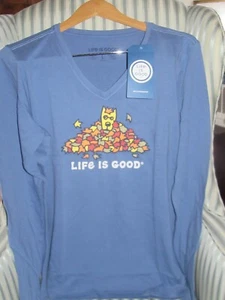 NWT! LIFE IS GOOD WOMENS L/S CRUSHER VEE-TEE... "LEAF PILE ROCKET"...(L) - Picture 1 of 3