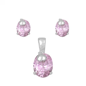Solitaire Oval Heart Earrings Pink Simulated CZ .925 Sterling Silver Pendant Set - Picture 1 of 2