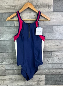 Panache Limitless Sport Swimsuit Size UK 34D Blue Zip Up Stripe Underwired - Picture 1 of 9