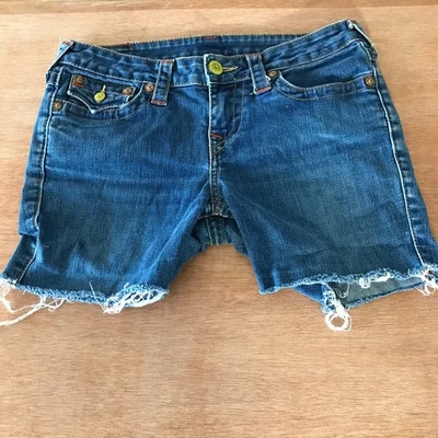 True Religion Becky Cut Off Denim Shorts Women 29 Blue Mid Rise Flap Pocket - Image 1 of 4