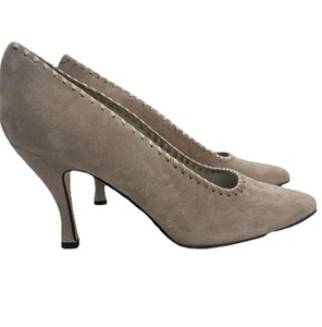 Liz Claiborne Charter Size 7 M Pumps Tan Suede Pointed Toe Ribbon Weave Heels - Picture 1 of 14