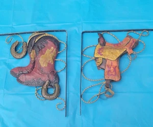 Paar rustikale Tür Eingang Metall Kunst Cowboystiefel & Sattel Blech Westernwand - Bild 1 von 16