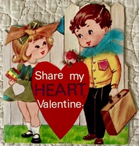 Unused Valentine Girl Boy Fence Share Heart Beagle Vtg Greeting Card 1950s 1960s - Picture 1 of 2