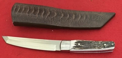 CUCHILLO DE HOJA FIJA TANTO FIGHTER PERSONALIZADO JIM ORT OZ, CIERVO SAMBAR, FUNDA AVESTRUZ Foto 1 de 4