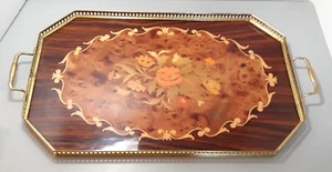 Vintage 21" Serviertablett Italienisches Holz Blumen Intarsien Messinggriffe Rand - Bild 1 von 16