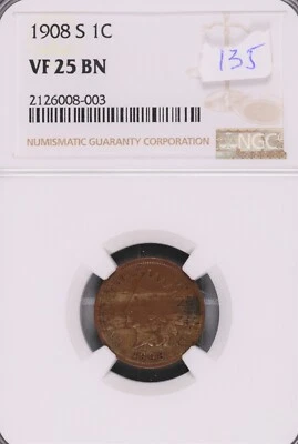 1908-S Indian Head Cent NGC-VF25 BN #8-003 - Image 1 of 2