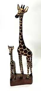 Statua madre e bambino dipinta a mano giraffa in legno decorazione safari africano - Foto 1 di 12