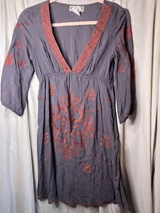 flying tomato dress Small Boho Vibes Cotton Grey Embroidered Orange Trim - Picture 1 of 6