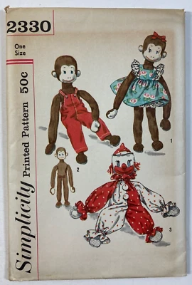 1957 Simplicity 2330 Monkey and Clown Sock Toy w/ Wardrobe Pattern Uncut - Image 1 of 3