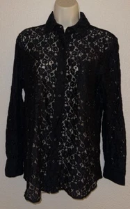 Calvin Klein Black Sheer Lace Shirt Button Front Stretch S - Picture 1 of 5