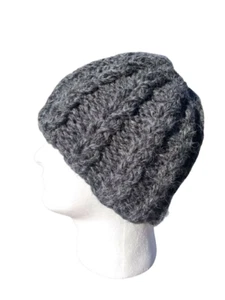 Alpaca Beanie Skully Hat Men Thick Chunky Hand Knit Wool Rib Graphite Gray L XL - Picture 1 of 9