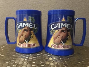 (Lot of 2) Vintage Camel Joe 75th Birthday Cup Mug Tall Blue Plastic - Picture 1 of 11
