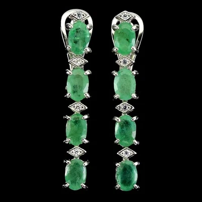 925 Sterling Silver Earrings Oval Emerald 6x4mm Natural Gemstone Jewelry - Image 1 of 4