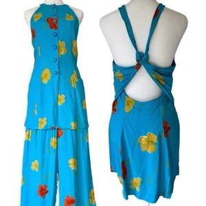 Vintage Two-Piece Set Blue Floral Top Tropical Travel Resort Beach Vacation 90s - Picture 1 of 22