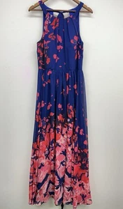 Betsy & Adam Sz 14 Women’s Blue Pink Floral Chiffon Sleeveless Halter Neck Gown - Picture 1 of 9