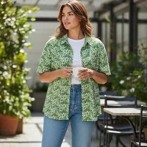 Liz Claiborne Womens 3X Green Floral Linen Short Sleeve Button Up Shirt - Picture 1 of 11