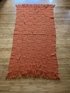 Handmade Knit Throw Blanket Checkered Fringe 63x32 Sofa Bed Cozy Decor Blanket - Picture 1 of 9
