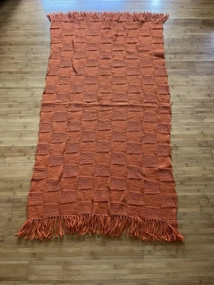 Handmade Knit Throw Blanket Checkered Fringe 63x32 Sofa Bed Cozy Decor Blanket - Image 1 of 4