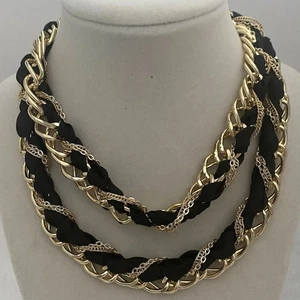 Amrita Singh Necklace Black Ribbon Gold Tone Woven Wrap Chunky Chain 32" - Picture 1 of 9