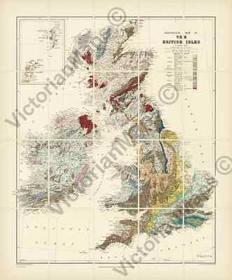 UK British Isles Great Britain geological map Best & Stanford 1893 print poster - Изображение 1 из 4