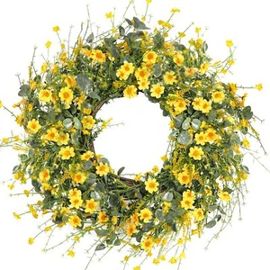 Yellow Daisy Wreath 24 Inch Spring Summer Wreath Fake Silk Floral Wreath with... - Picture 1 of 6