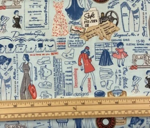 Fat Quarter Sew Vintage Clothing Patterns On Blue 100% Cotton Quilting Fabric - Picture 1 of 1