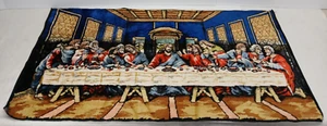 VINTAGE ITALY JESUS LAST SUPPER VELVET TAPESTRY WALL HANGING RUG 38" X 20" - Picture 1 of 6
