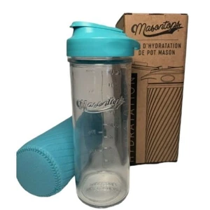 Masontops Mason Jar Hydration Kit Glass Bottle W/Neoprene Sleeve Turquoise NIB - Picture 1 of 6