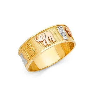 14k Tri Color Gold Elephant 13 Owl Flower Luck Lucky Ring Band Womens Size 7 - Picture 1 of 1