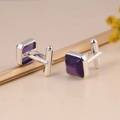 Gemelos de plata de ley 925 amatista forma cuadrada para hombre joyería regalo para él Foto 1 de 4